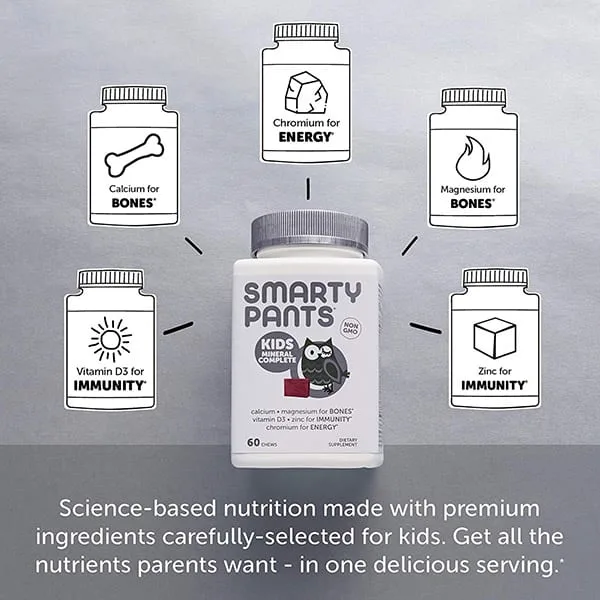 Natural ADHD Treatments - Image of Smarty Pants Mineral Complete showing the benefits of various minerals in the supplement for children.
