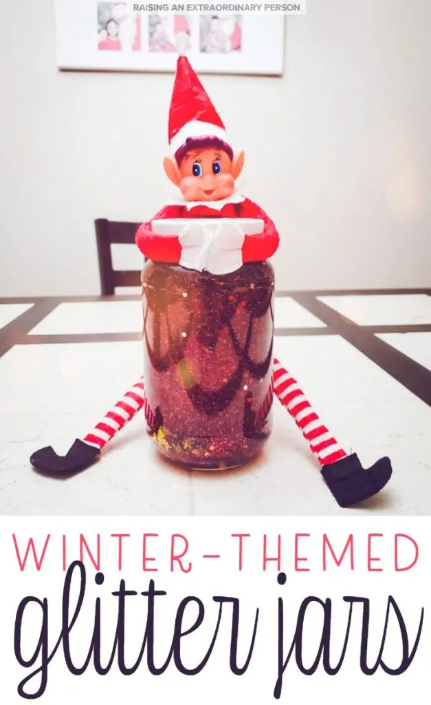 These easy, winter-themed glitter jars make the perfect holiday craft idea for kids and it can also be used as a coping tool and to teach kids about emotional regulation. #GlitterJars #GlitterBottles #SensoryJars #WinterCrafts #ChristmasCrafts #KidsCraftIdeas