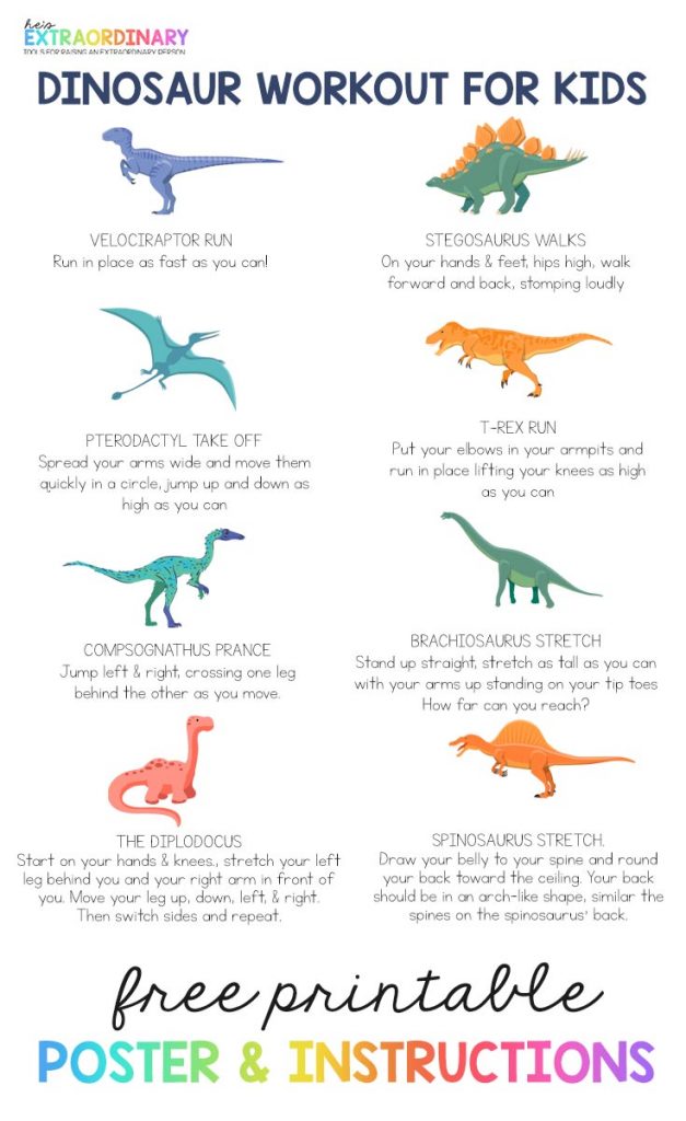 Dinosaur Themed Workout for Kids - with free printable instructions and poster #WorkoutforKids  #ActivitiesforKids #SensoryActivities