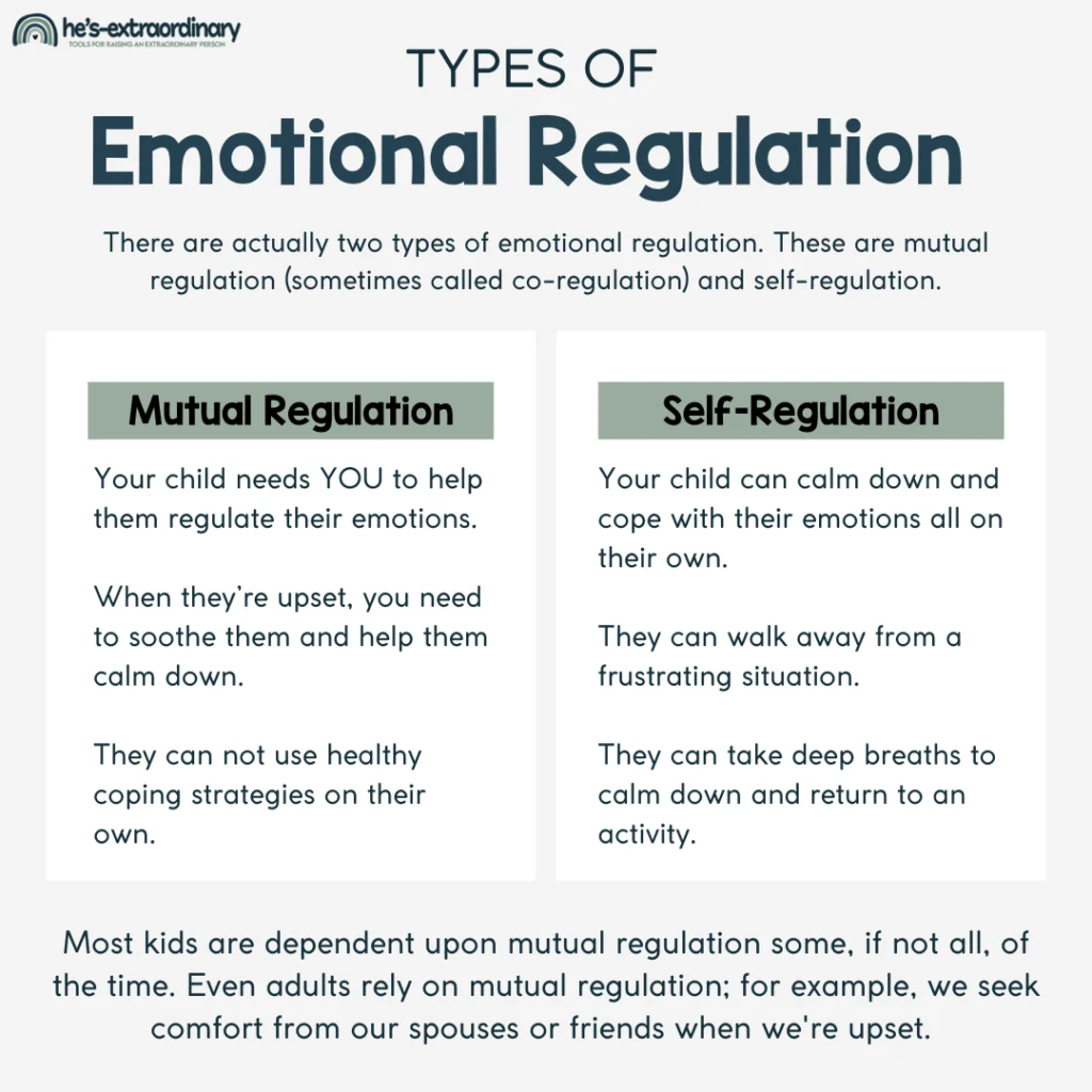There are two types of emotional regulation - mutual regulation and self-regulation. Most kids are dependent upon mutual regulation some, if not all, of the time. Even adults rely on mutual regulation; for example, we seek comfort from our spouses or friends when we're upset. 