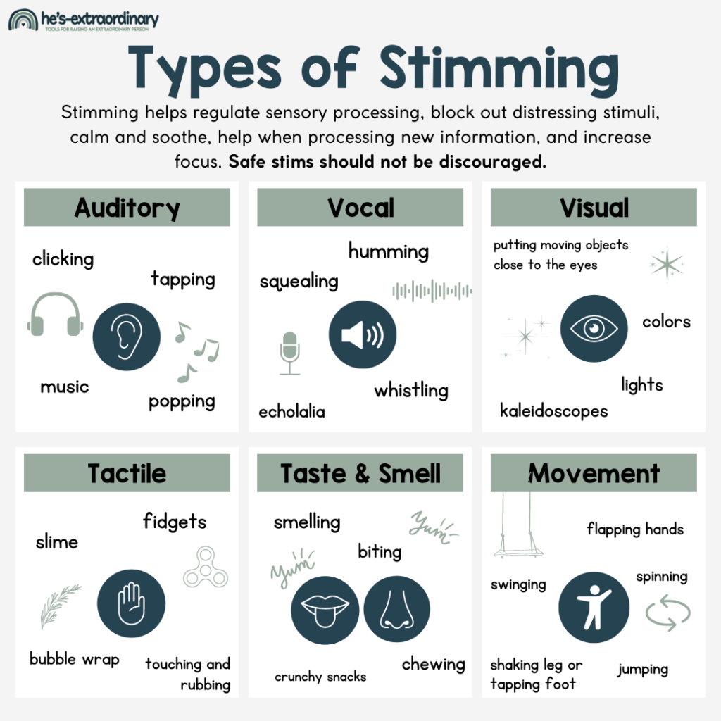 types of stimming - includes examples of visual, auditory, taste and smell, vestibular and proprioceptive, tactile and visual stimming. 