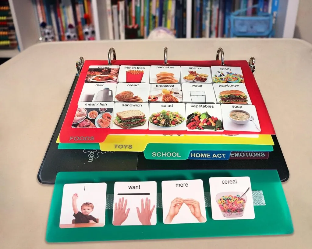 A picture of a communication book, ax example of low-tech augmentative or alternative communication devices