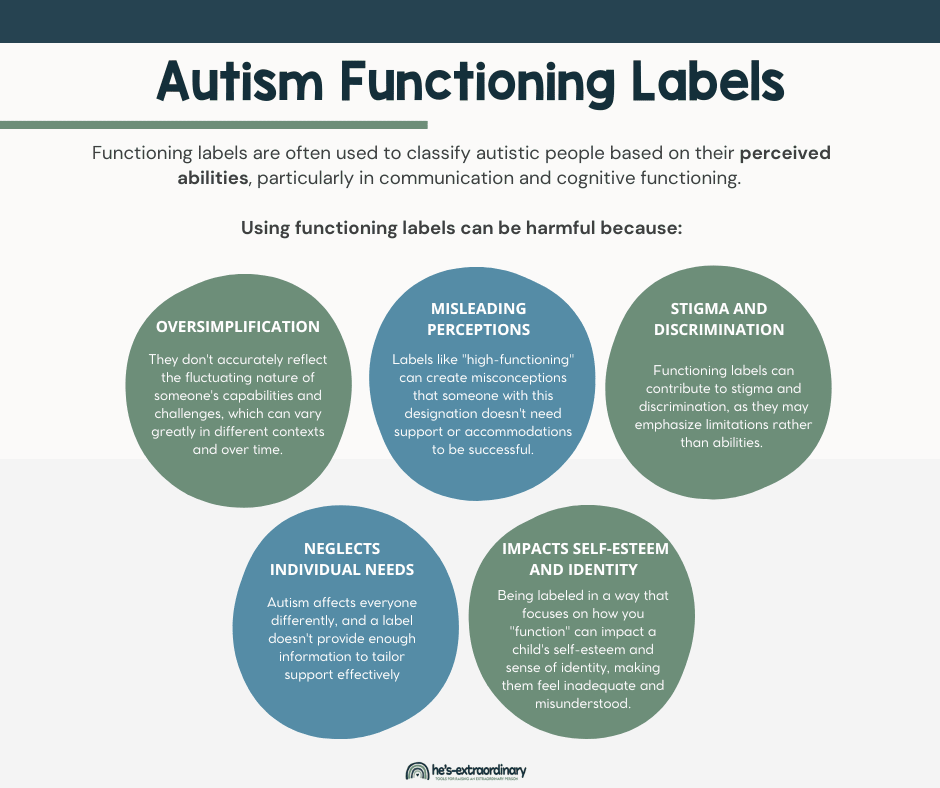 Autism Functioning Labels: Functioning labels are often used to classify autistic people based on their perceived abilities, particularly in communication and cognitive functioning. The most commonly used labels have been "high-functioning autism" and "low-functioning autism." 