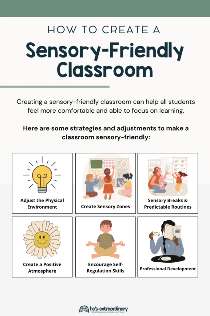 Creating a sensory-friendly classroom can help all students feel more comfortable and able to focus on learning. Here are some strategies and adjustments to make a classroom sensory-friendly: Adjust the physical environment, create sensory zones, sensory breaks and predictable routines, create a positive atmosphere, encourage self-regulation skills, professional development.