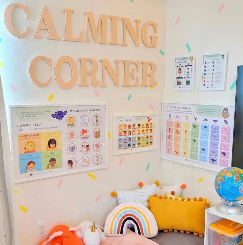 Image of a Calming Corner in a sensory-friendly classroom using posters from Generation Mindful