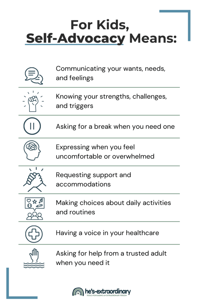 For Kids, Self-Advocacy Means...Communicating your wants, needs, and feelings

Knowing your strengths, challenges, and triggers

Asking for a break when you need one

Expressing when you feel uncomfortable or overwhelmed

Requesting support and accommodations

Making choices about daily activities and routines

Having a voice in your healthcare

Setting personal boundaries

Problem-solving in challenging situations

Asking for help from a trusted adult when you need it