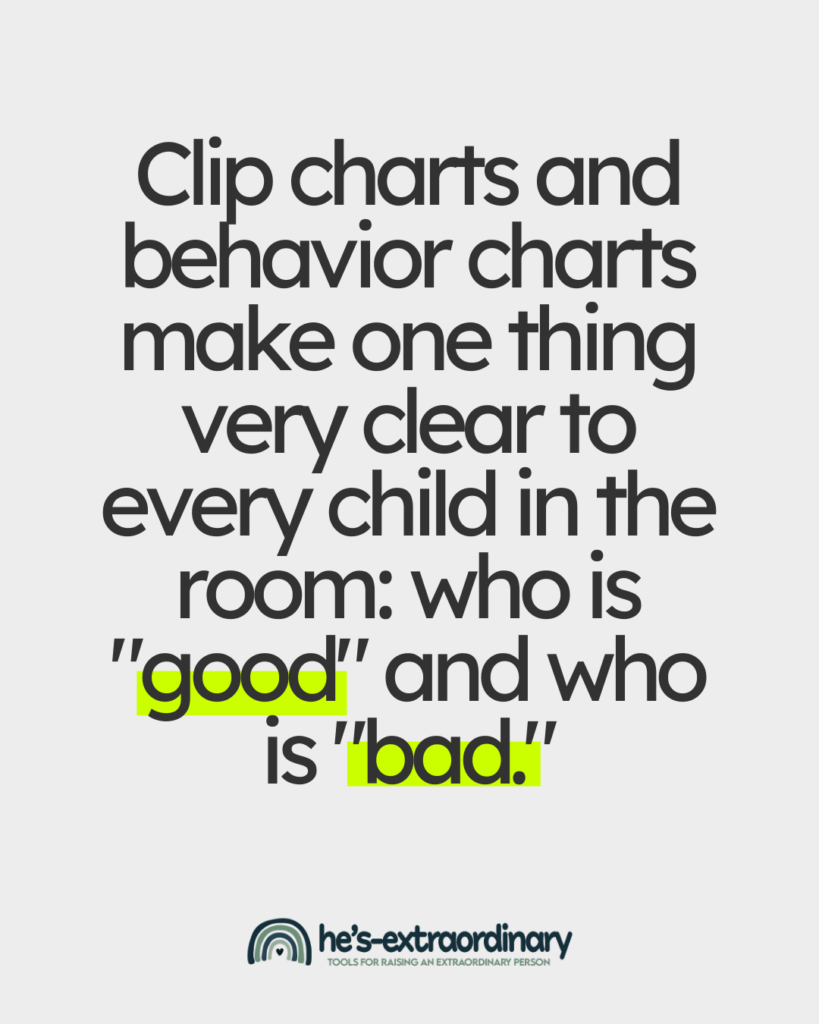 A quote graphic with dark text on a light gray background that reads: "Clip charts and behavior charts make one thing very clear to every child in the room: who is 'good' and who is 'bad.'" The words "good" and "bad" are highlighted in bright yellow-green. The he's-extraordinary logo and tagline "Tools for Raising an Extraordinary Person" appear at the bottom.